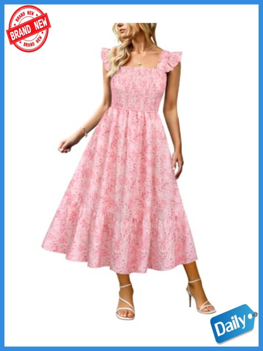 Plus Size Sleeveless Square Neck Smocked Ruffle Strap Midi Beach Sundress with